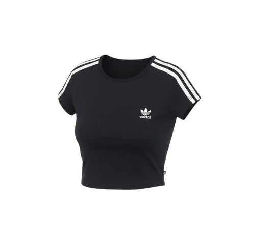 Prewornwholesale Adidas women's black cropped slim fit T-shirt with white three-stripe sleeves and trefoil logo