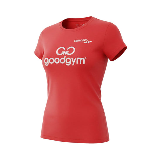 Prewornwholesale red Saucony women's round neck polyester t-shirt with white GoodGym graphic print