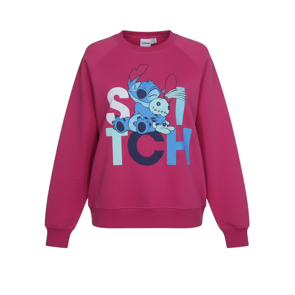 Disney Women Pink Stitch Pullover Sweatshirt L Crew Neck Cotton Blend
