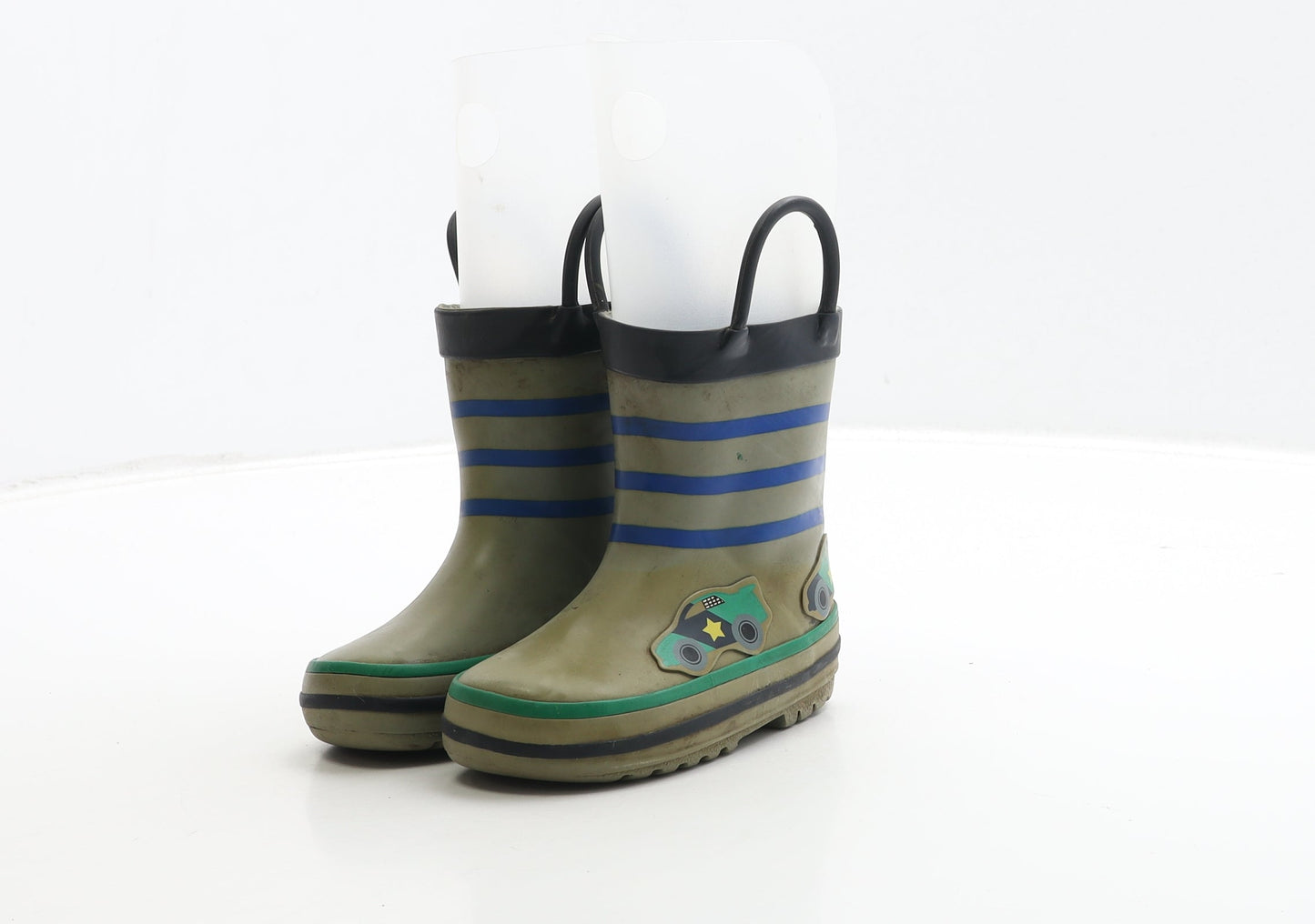 Preworn Boys Green Striped Rubber Wellies Boot UK 5 - Racing Car Detail