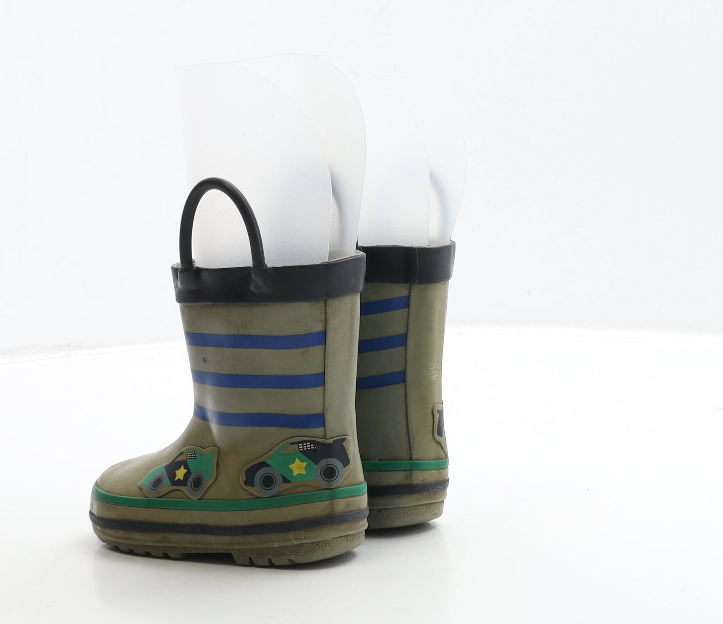 Preworn Boys Green Striped Rubber Wellies Boot UK 5 - Racing Car Detail