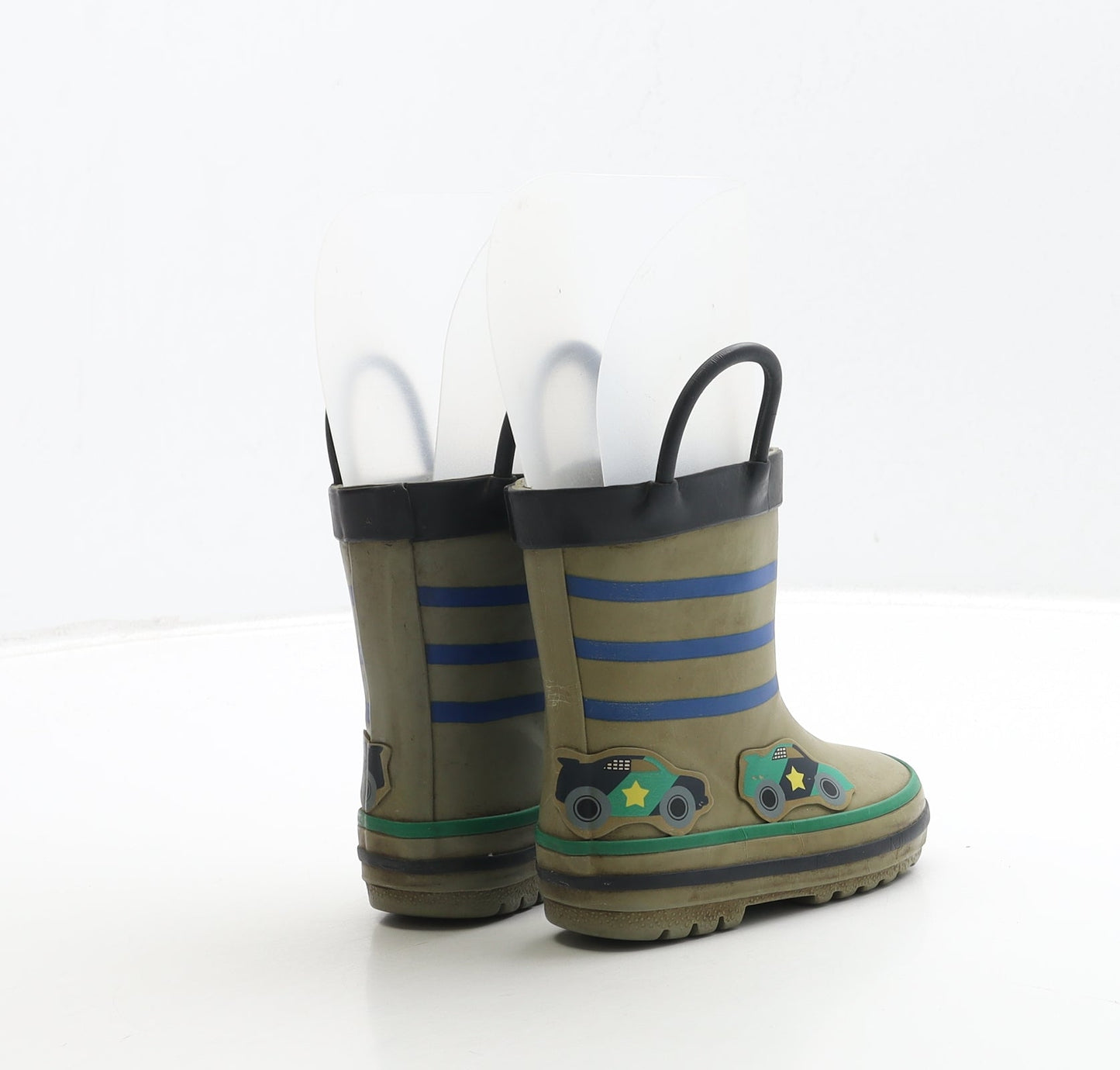 Preworn Boys Green Striped Rubber Wellies Boot UK 5 - Racing Car Detail