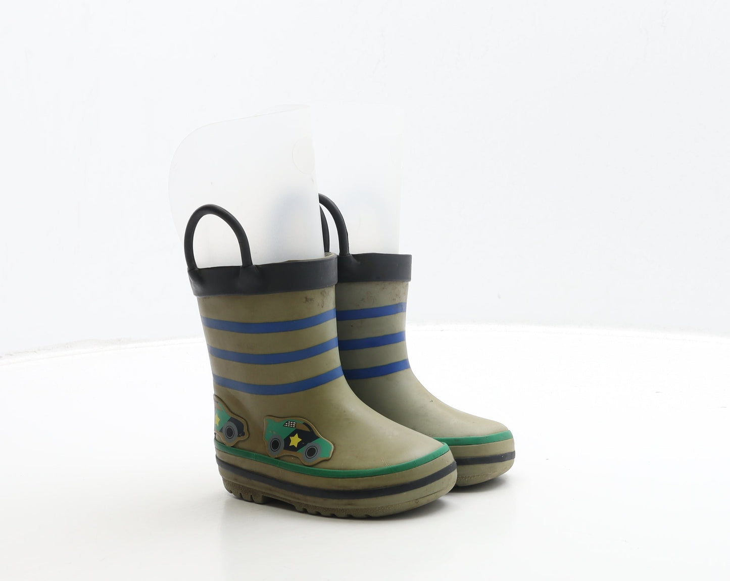 Preworn Boys Green Striped Rubber Wellies Boot UK 5 - Racing Car Detail