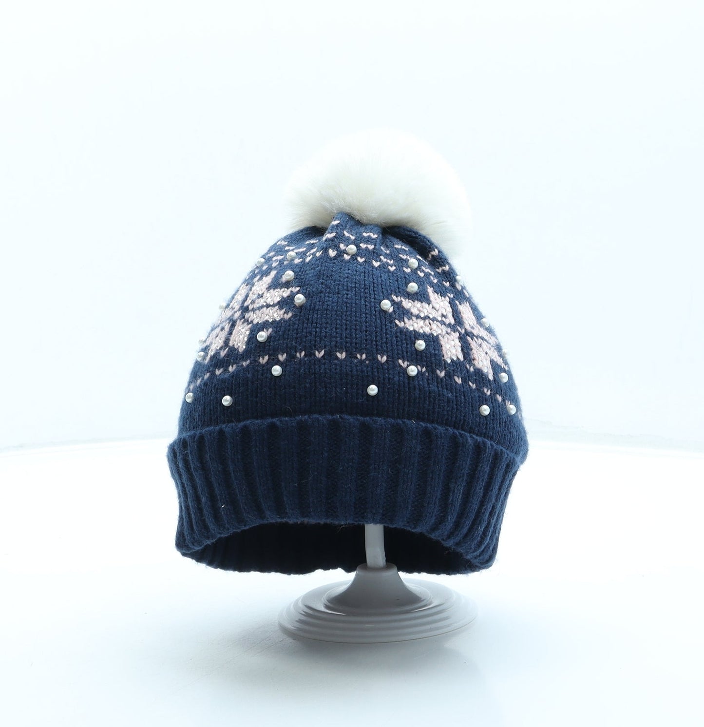 Primark Girls Blue Fair Isle Acrylic Bobble Hat Size M - Pom Pom