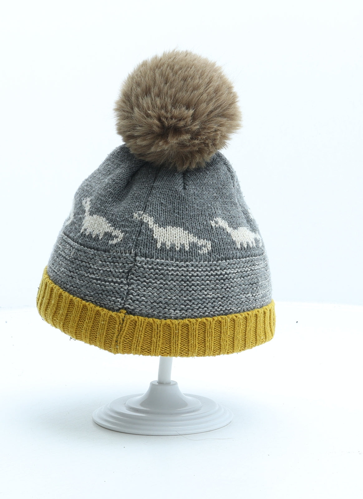 George Boys Grey Geometric Acrylic Bobble Hat One Size - Dinosaur