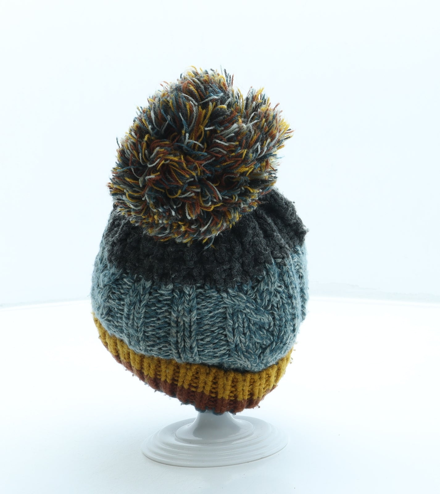 George Boys Green Striped Acrylic Bobble Hat One Size - Pom Pom