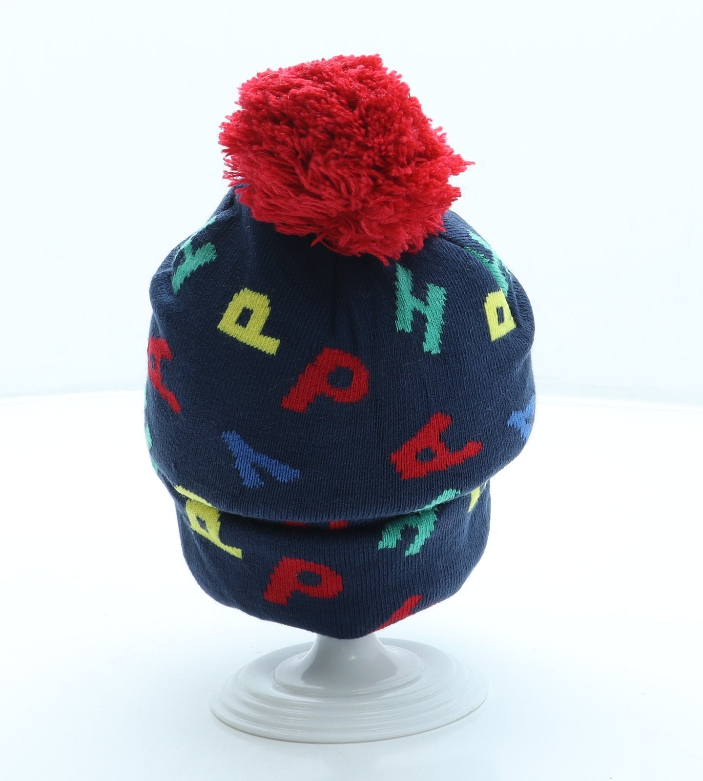 Primark Boys Blue Geometric Acrylic Bobble Hat One Size - Pom Pom