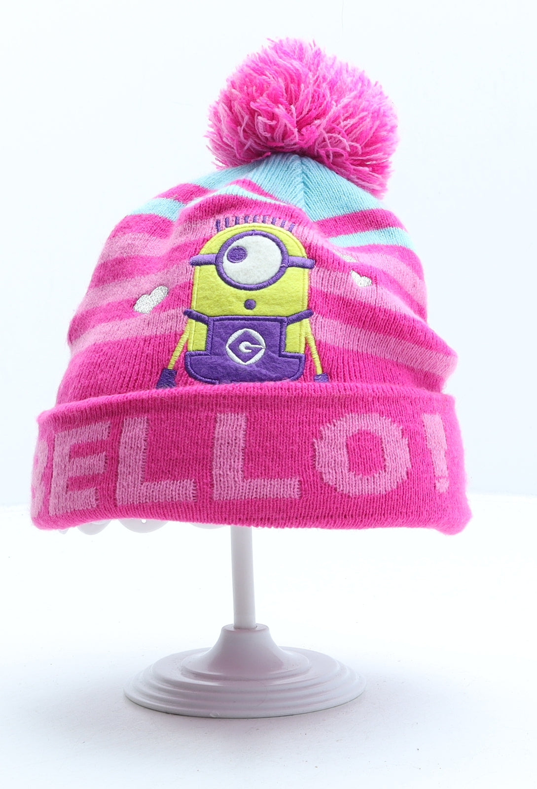 George Girls Pink Striped Acrylic Bobble Hat One Size - Minions