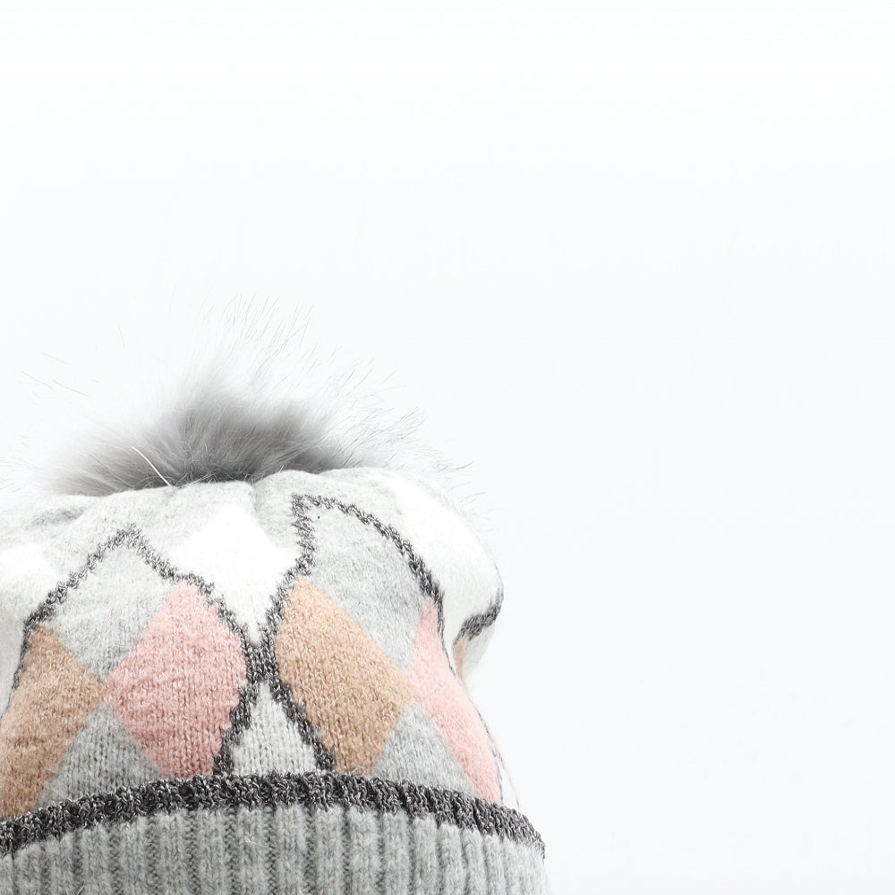 George Womens Grey Argyle/Diamond Acrylic Bobble Hat One Size