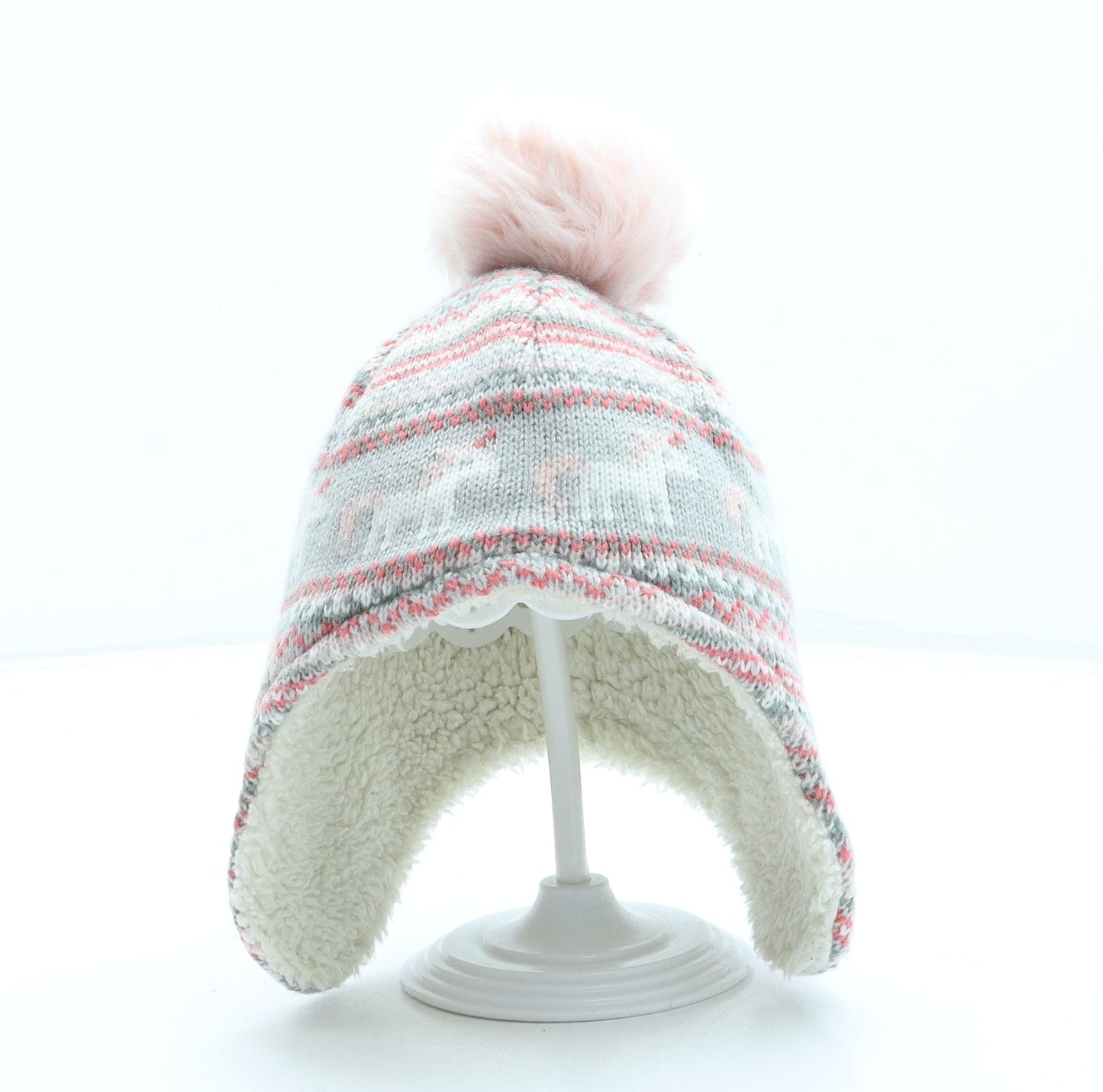 George Girls Grey Fair Isle Acrylic Bonnet One Size - Pom Pom