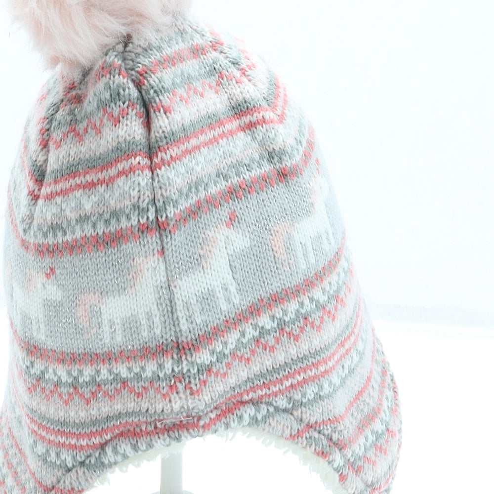 George Girls Grey Fair Isle Acrylic Bonnet One Size - Pom Pom
