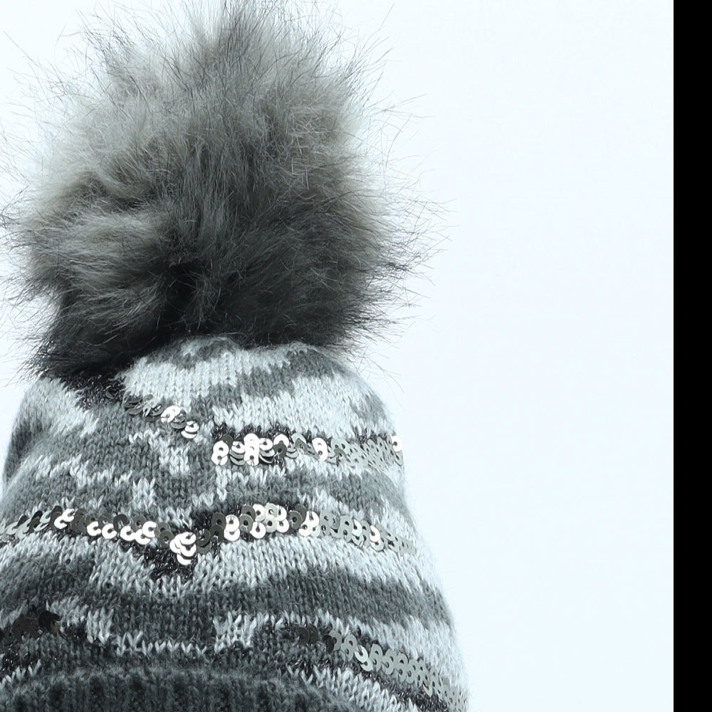 George Girls Grey Animal Print Acrylic Bobble Hat One Size - Zebra