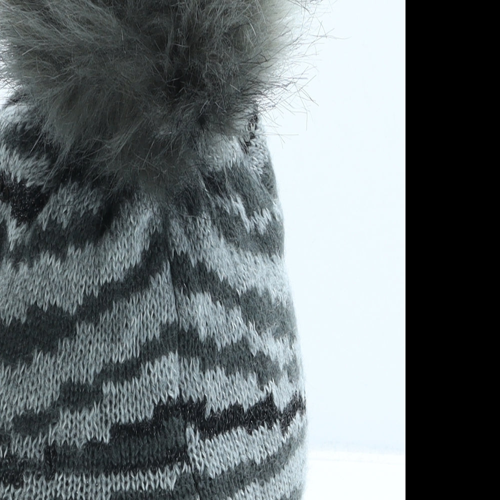 George Girls Grey Animal Print Acrylic Bobble Hat One Size - Zebra