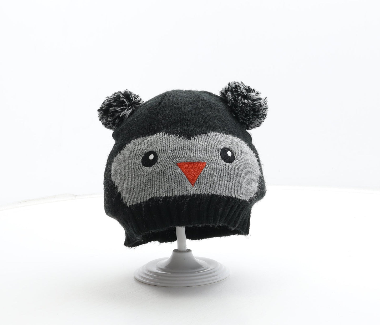 Preworn Girls Black Acrylic Bobble Hat Size S - Penguin Detail