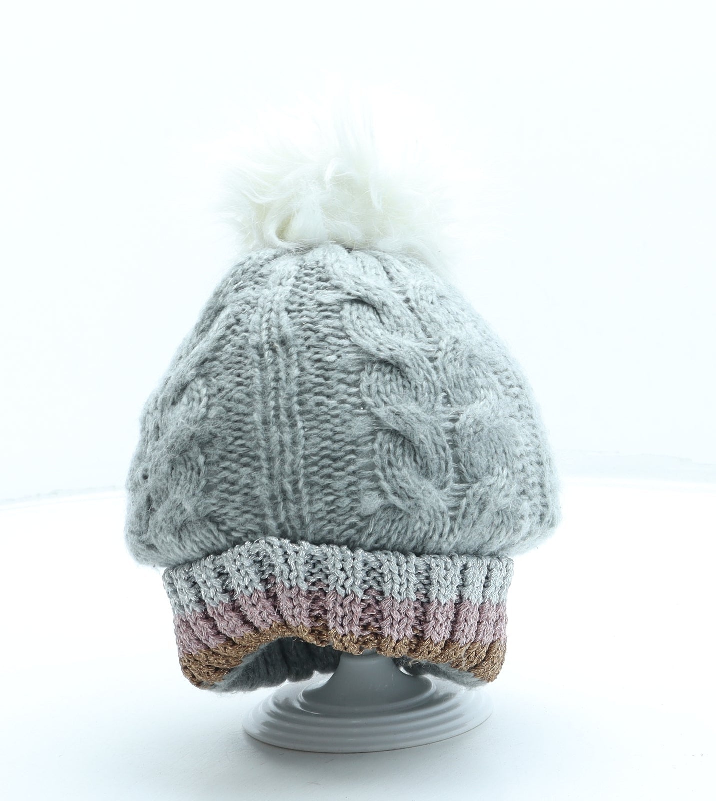 Primark Girls Grey Acrylic Bobble Hat Size M - Pom Pom