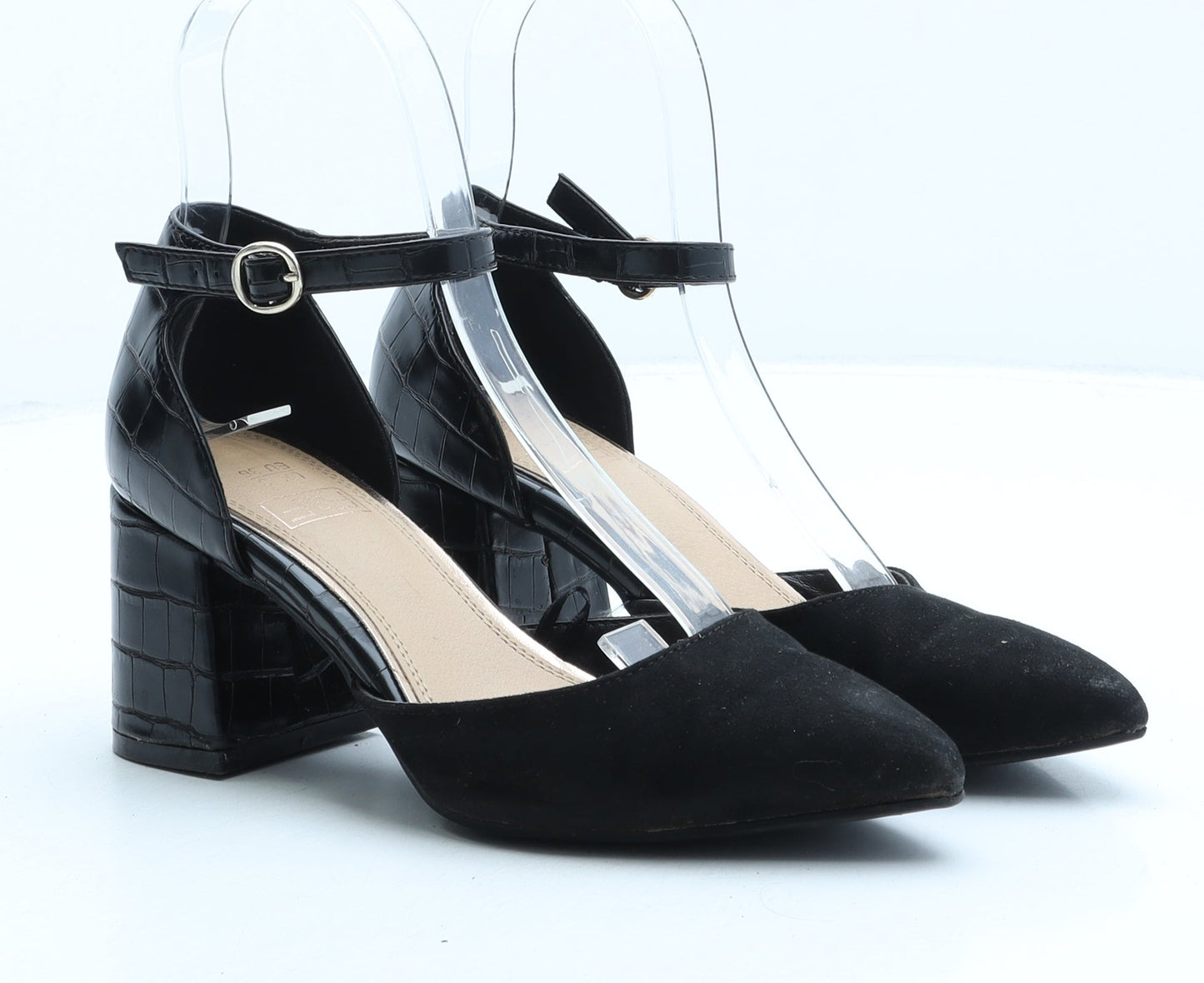F&F Womens Black Suede Strappy Heel UK 3 - Croc Texture