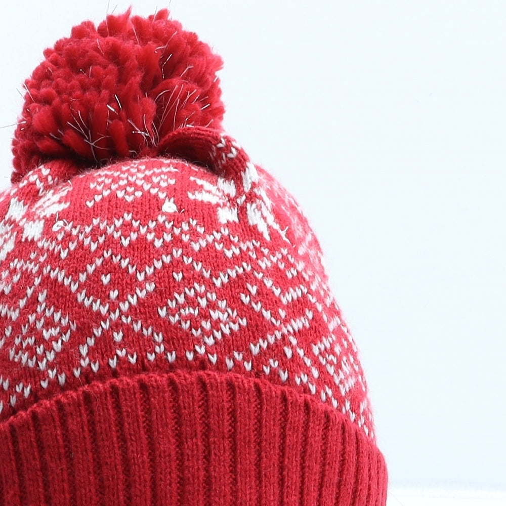 Primark Girls Red Fair Isle Acrylic Bobble Hat One Size