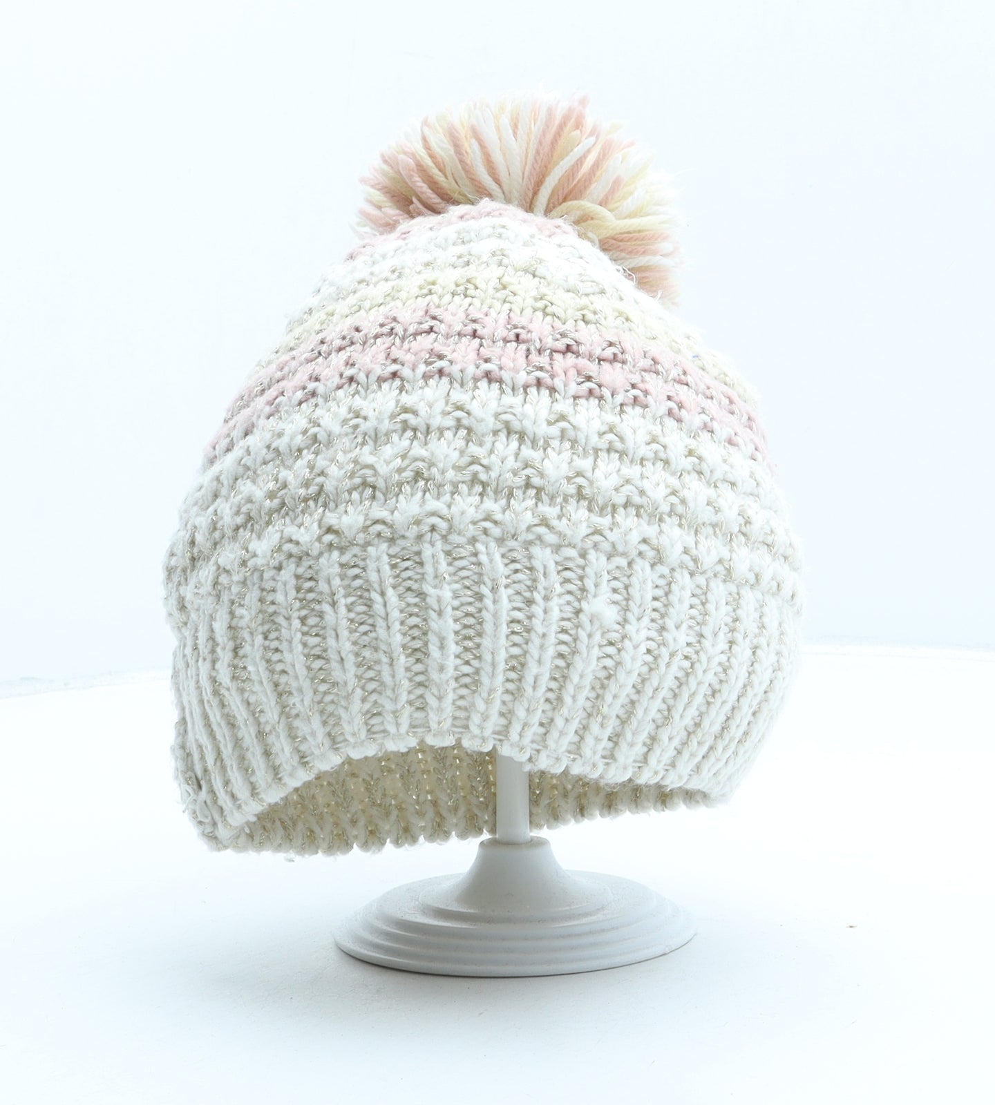 George Girls Beige Striped Acrylic Bobble Hat One Size