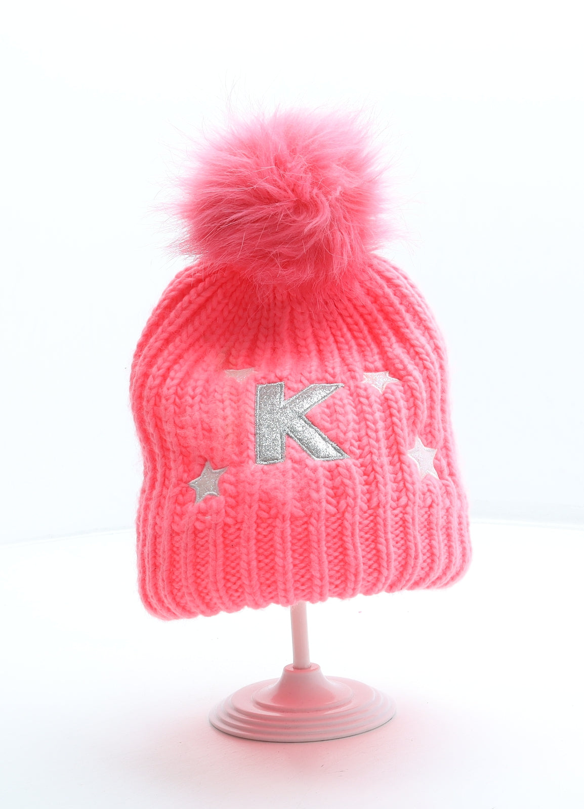 Preworn Girls Pink Geometric Acrylic Bobble Hat One Size - Alphabet K Faux Fur