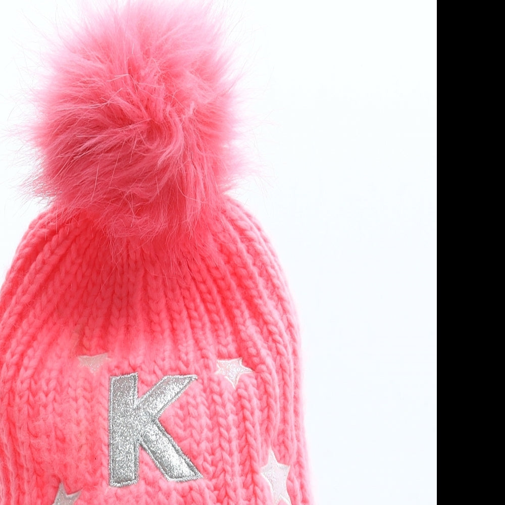 Preworn Girls Pink Geometric Acrylic Bobble Hat One Size - Alphabet K Faux Fur