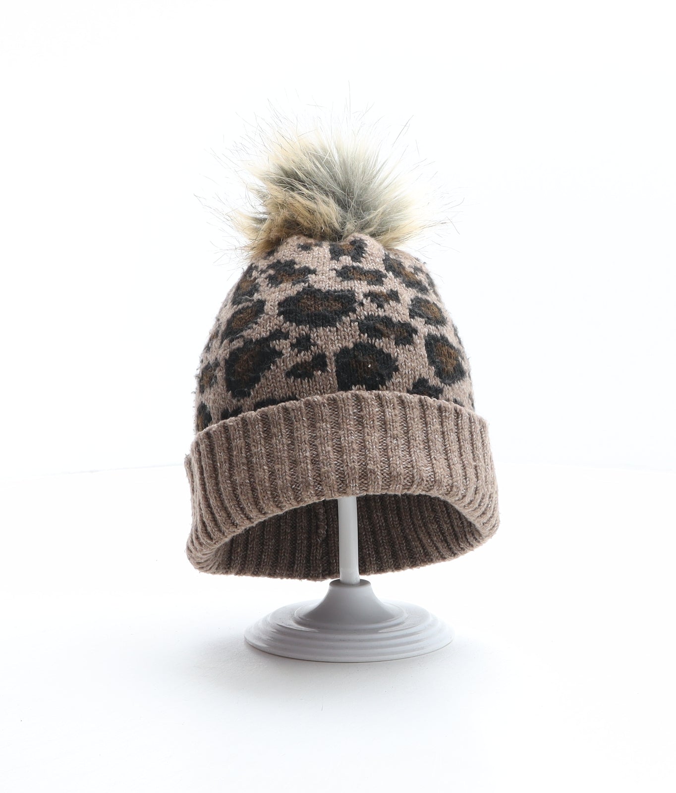 F&F Girls Brown Animal Print Polyester Bobble Hat One Size - Leopard print