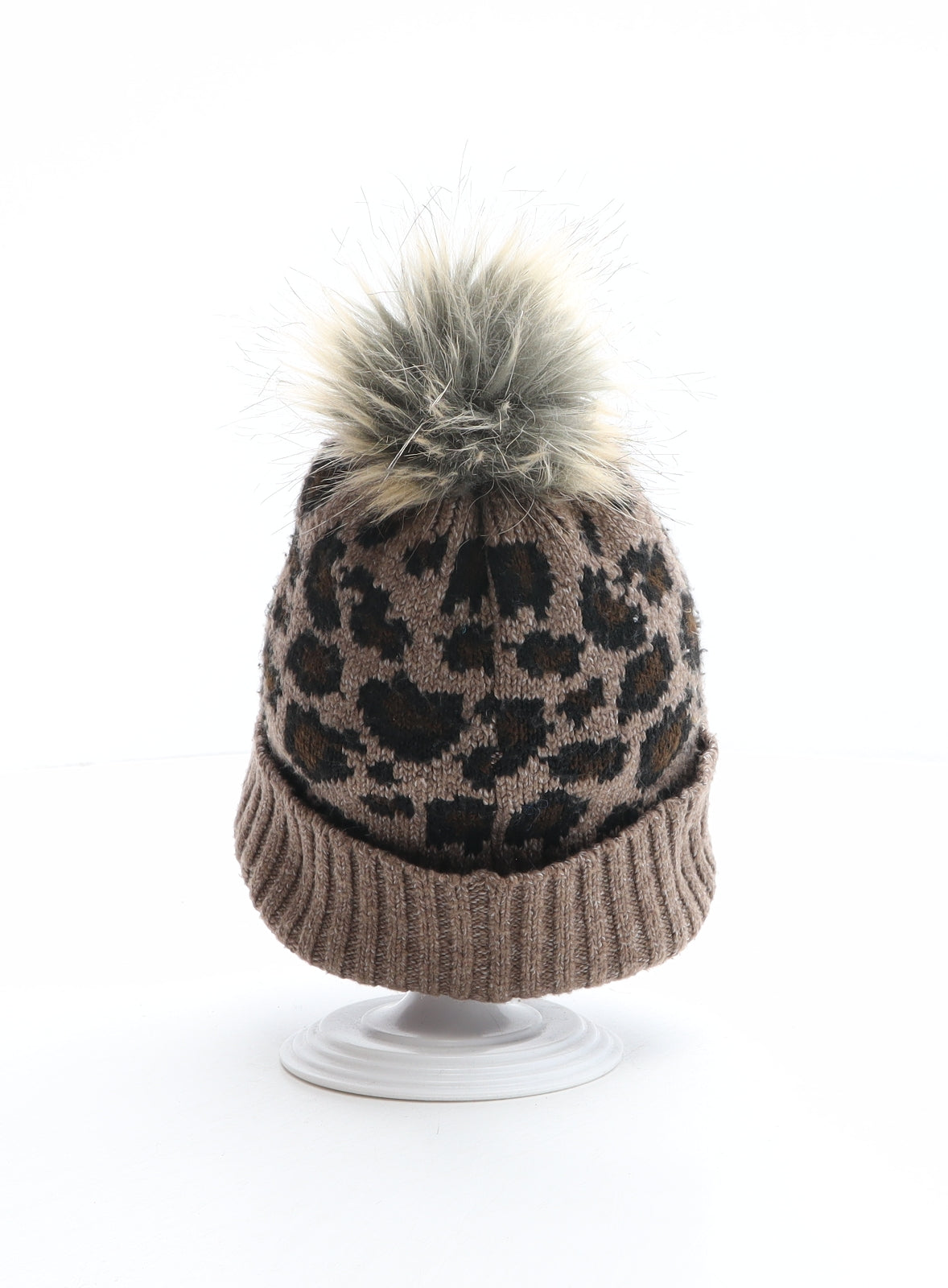 F&F Girls Brown Animal Print Polyester Bobble Hat One Size - Leopard print