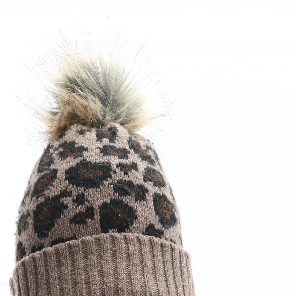 F&F Girls Brown Animal Print Polyester Bobble Hat One Size - Leopard print
