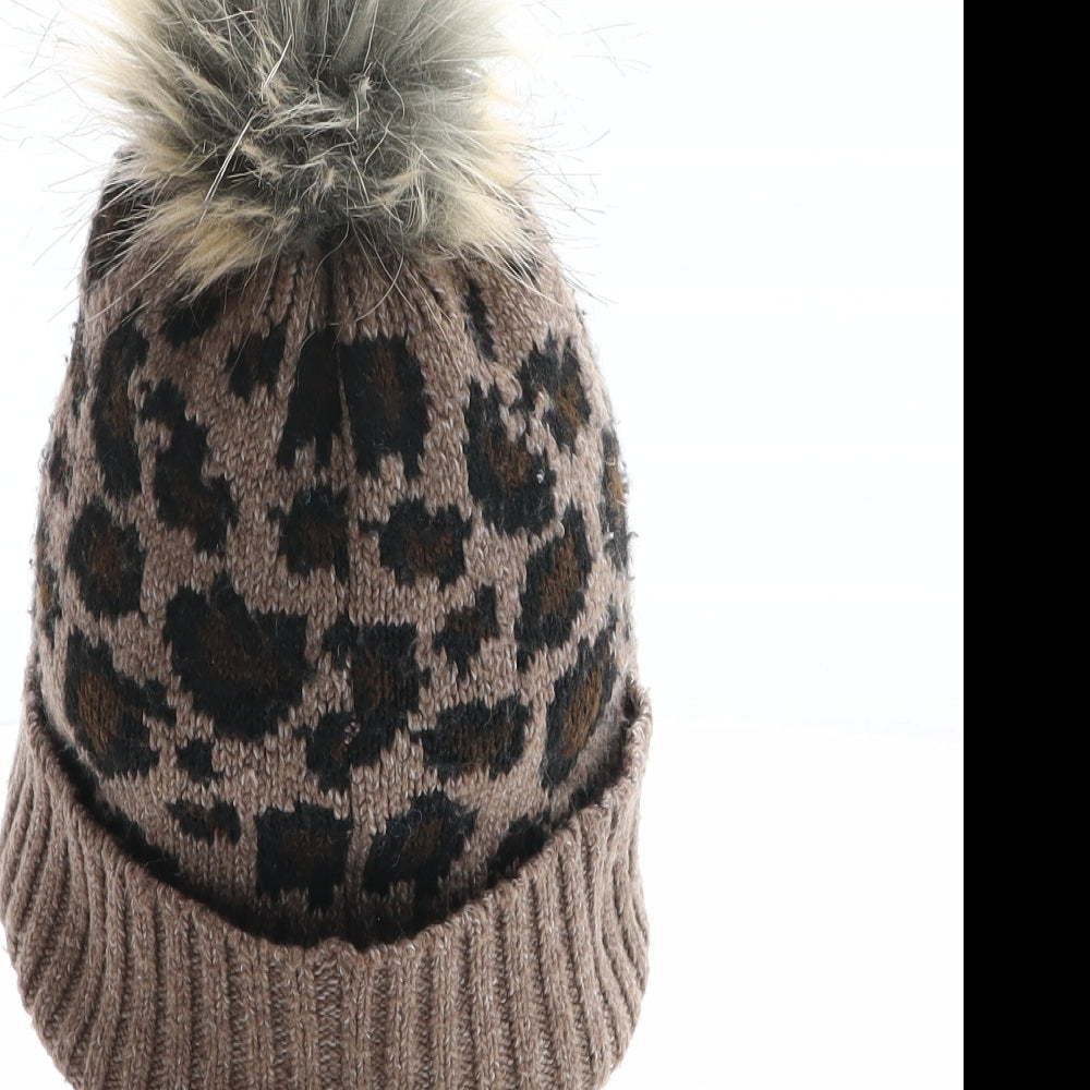 F&F Girls Brown Animal Print Polyester Bobble Hat One Size - Leopard print