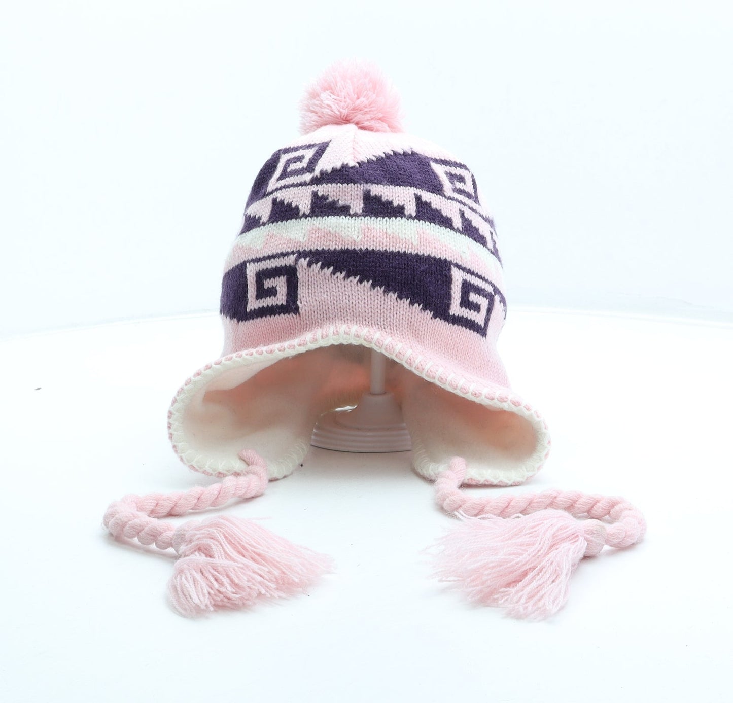 Preworn Womens Pink Fair Isle Acrylic Bonnet Size S - Pom Pom