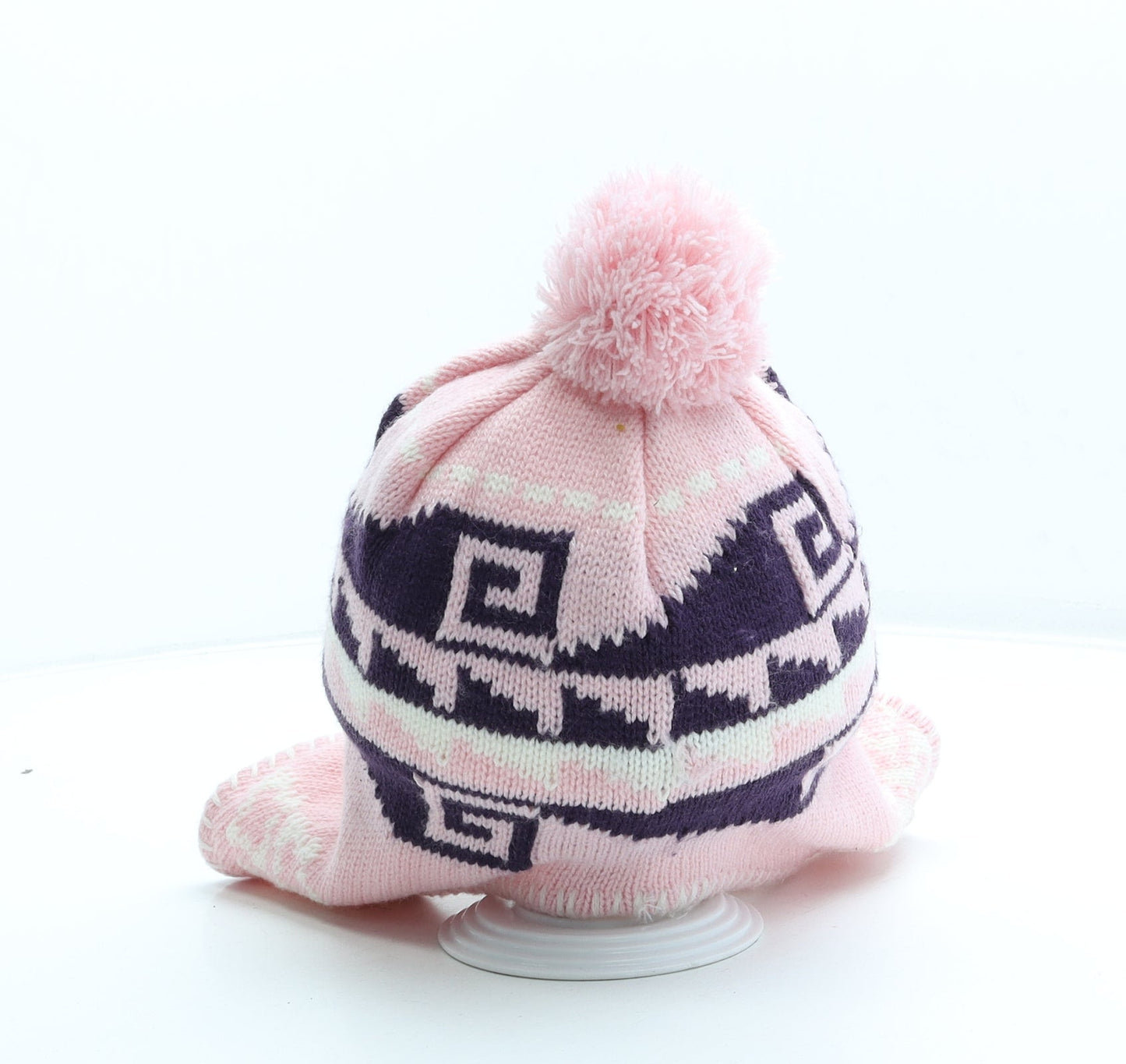 Preworn Womens Pink Fair Isle Acrylic Bonnet Size S - Pom Pom