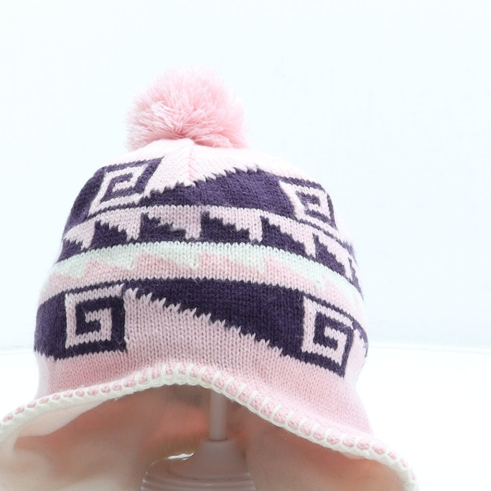 Preworn Womens Pink Fair Isle Acrylic Bonnet Size S - Pom Pom