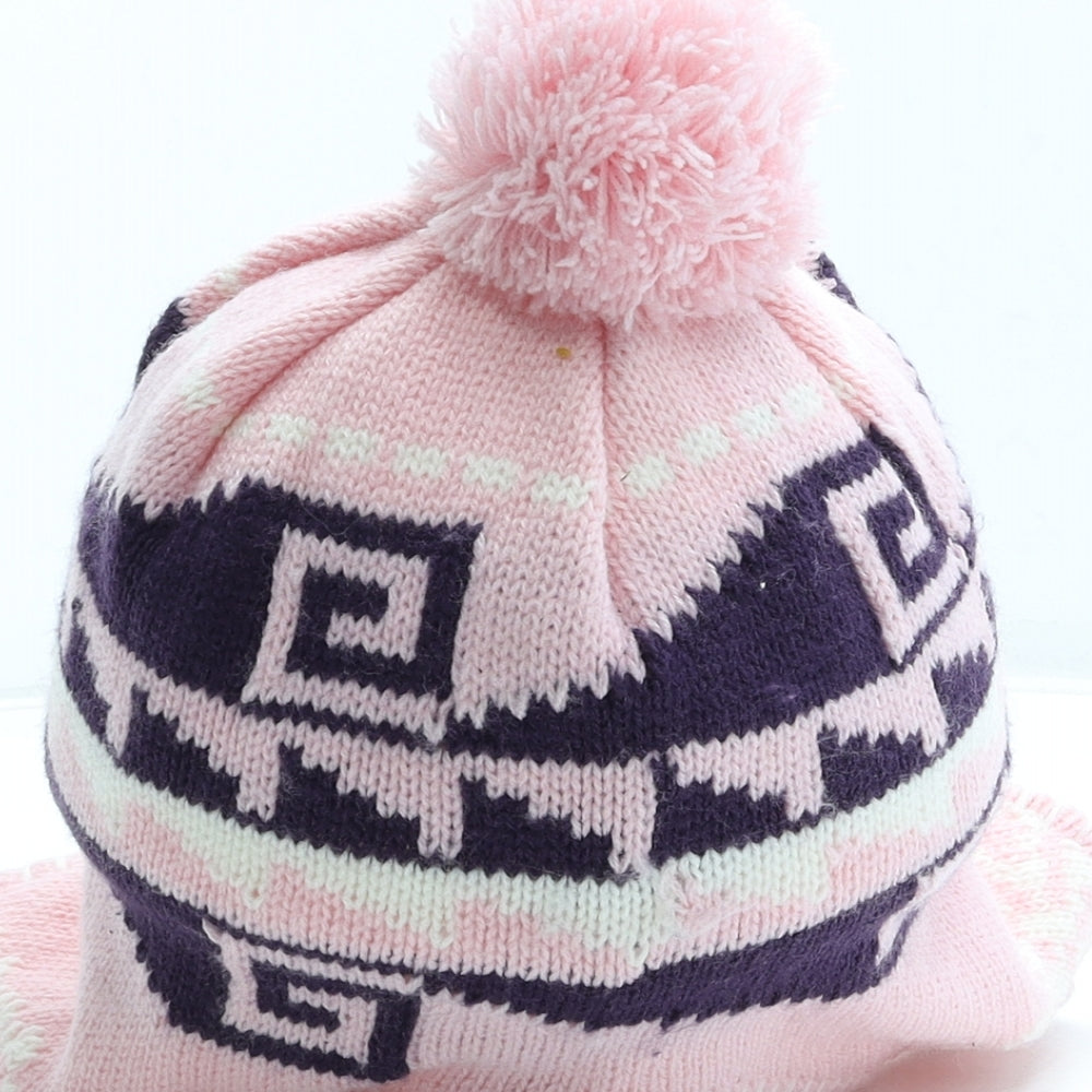 Preworn Womens Pink Fair Isle Acrylic Bonnet Size S - Pom Pom