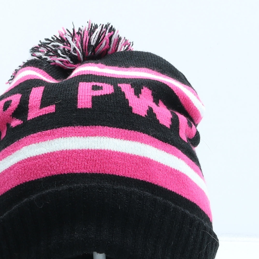 Primark Girls Black Striped Acrylic Bobble Hat One Size - Girl Power