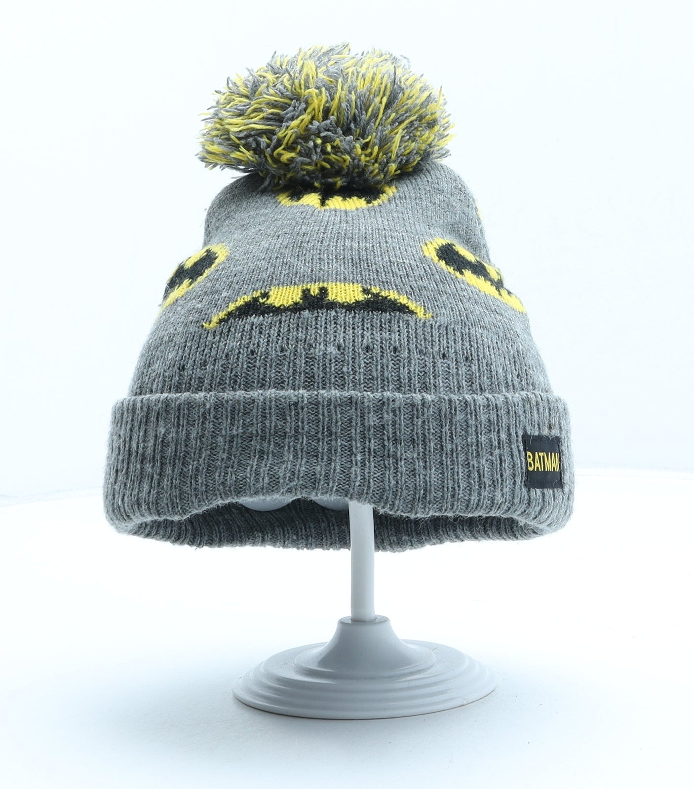 Primark Boys Grey Geometric Acrylic Bobble Hat One Size - Batman