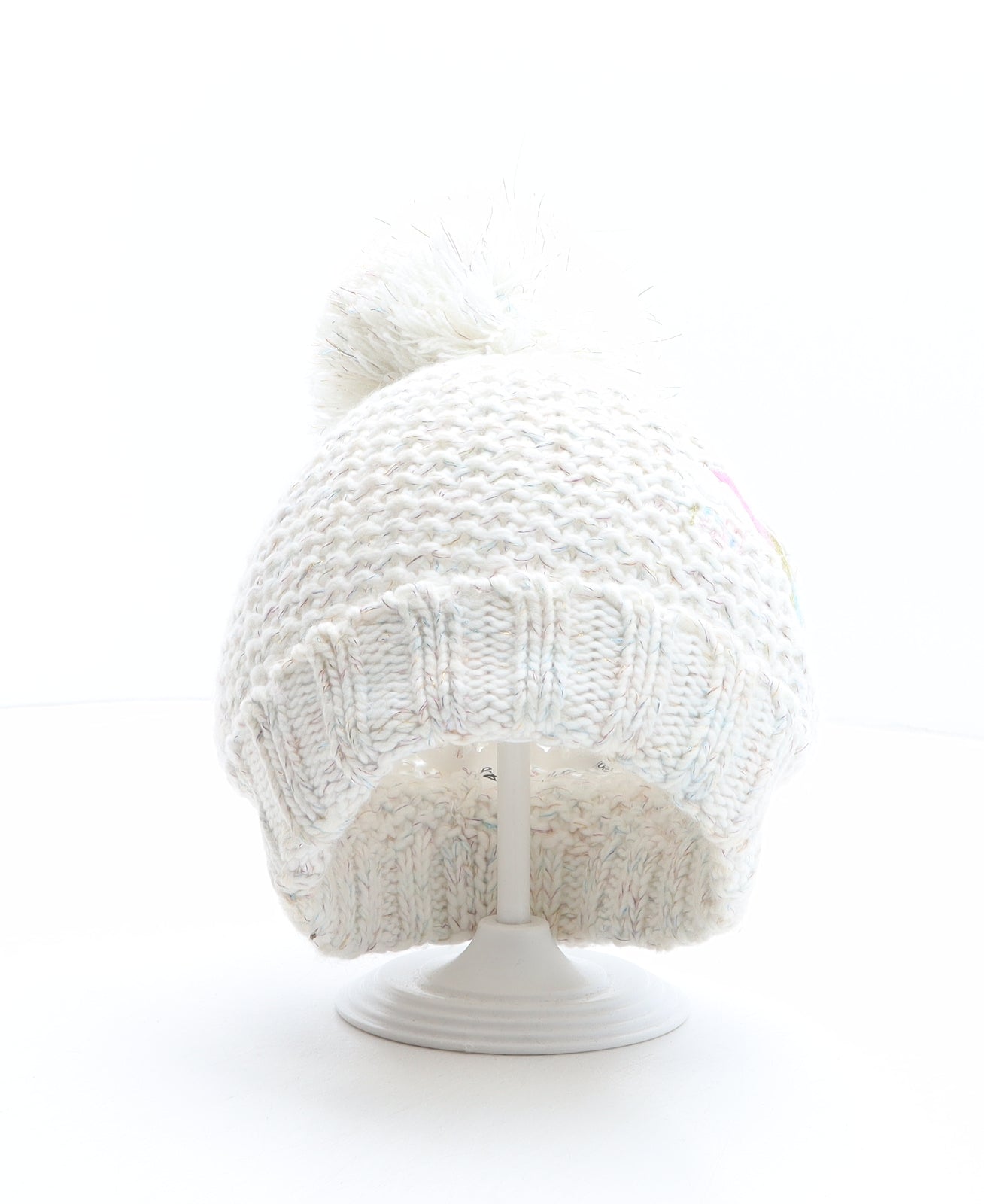 George Girls White Acrylic Bobble Hat One Size - Rainbow detail