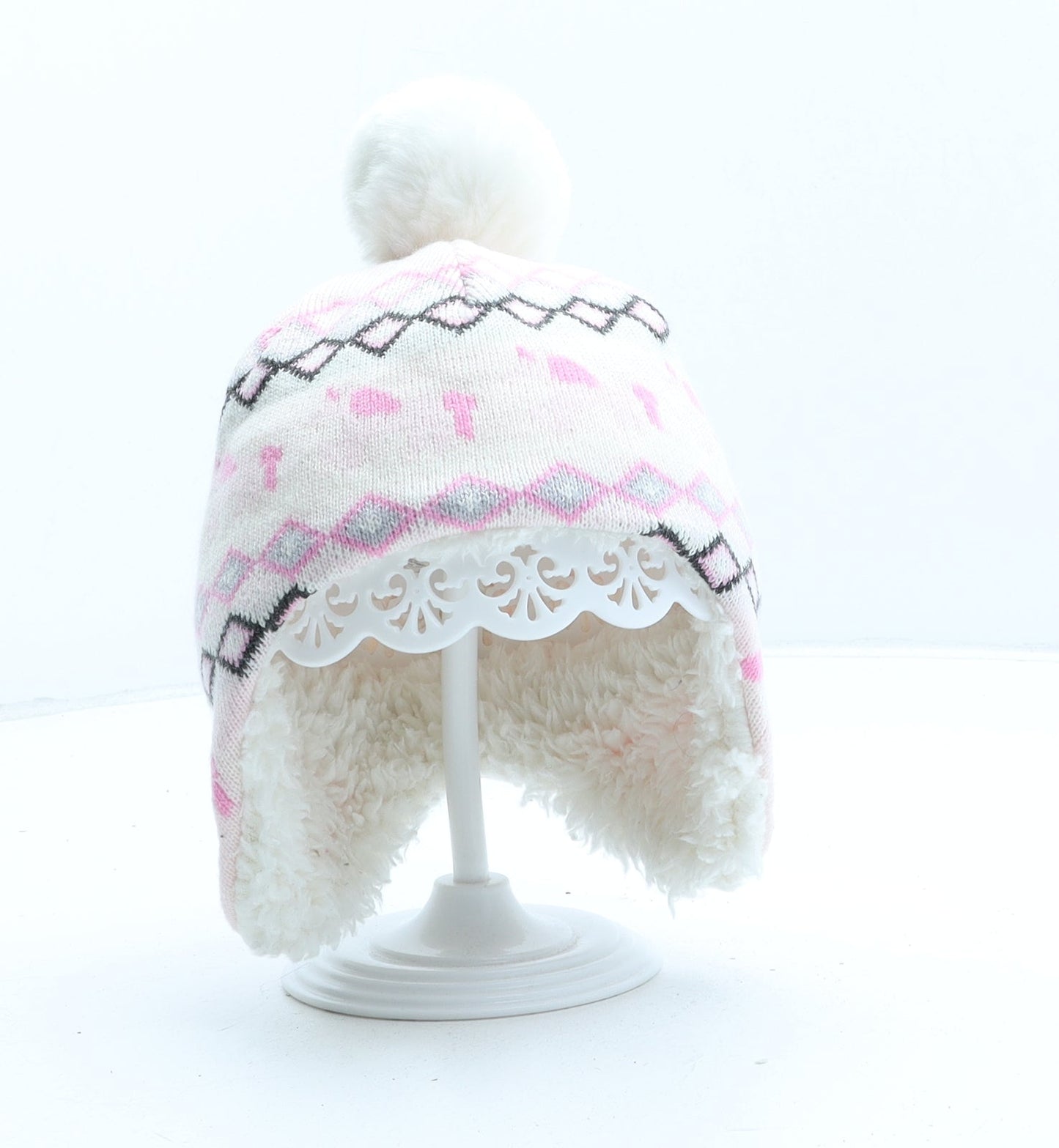 George Girls Pink Fair Isle Acrylic Bobble Hat One Size - UK Size 0-3 Months