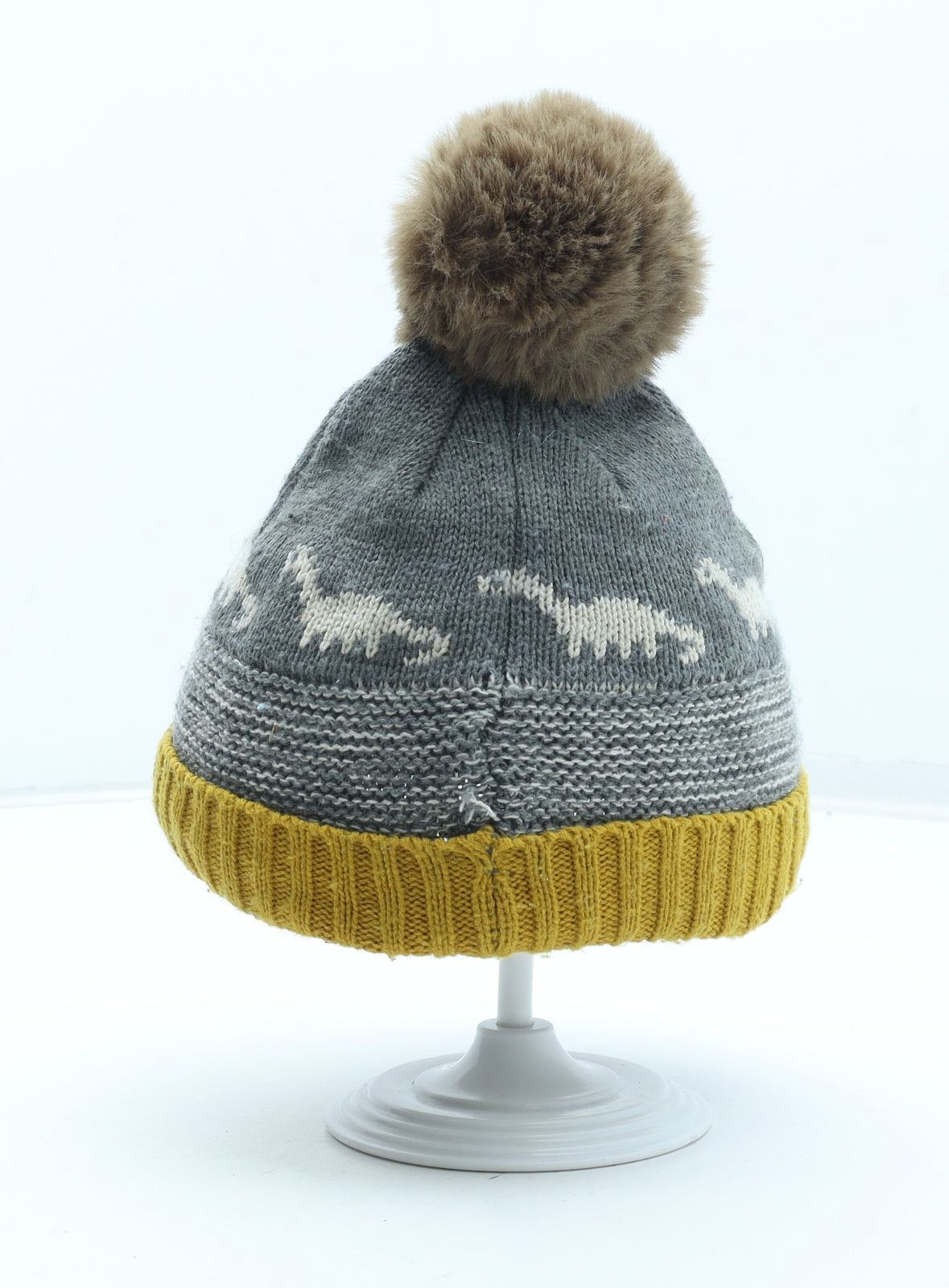 George Boys Grey Geometric Acrylic Bobble Hat Size S - Dinosaur Pattern Size 6-12 Months