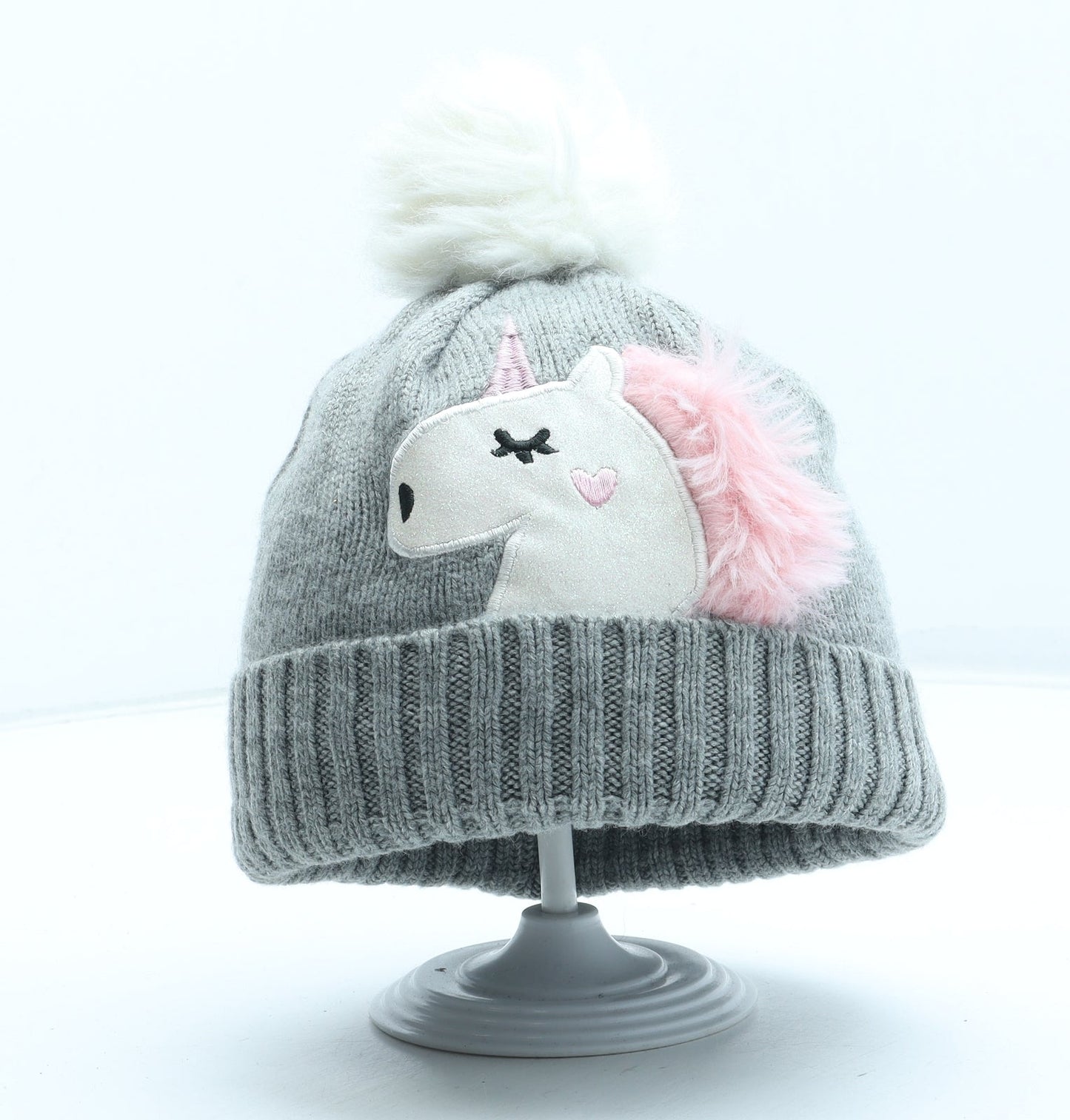Primark Girls Grey Acrylic Bobble Hat One Size - Unicorn