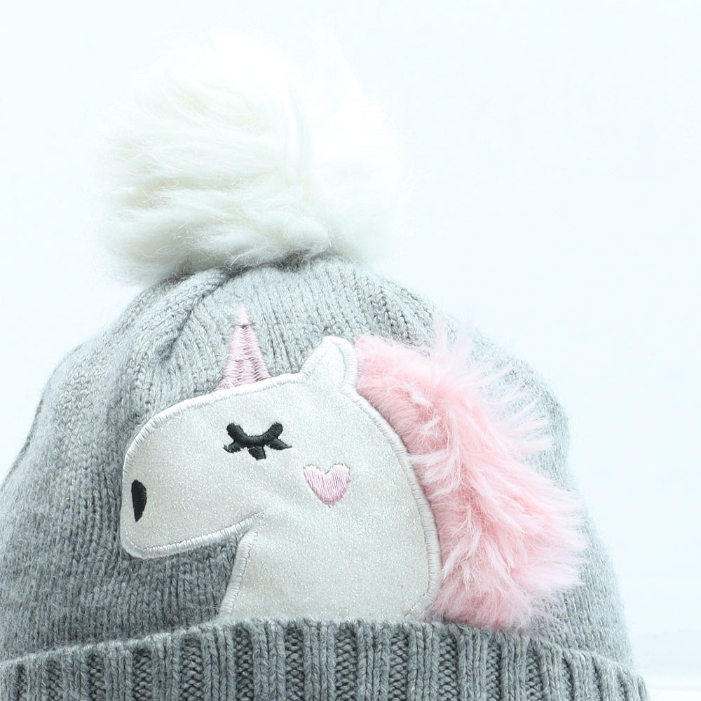 Primark Girls Grey Acrylic Bobble Hat One Size - Unicorn