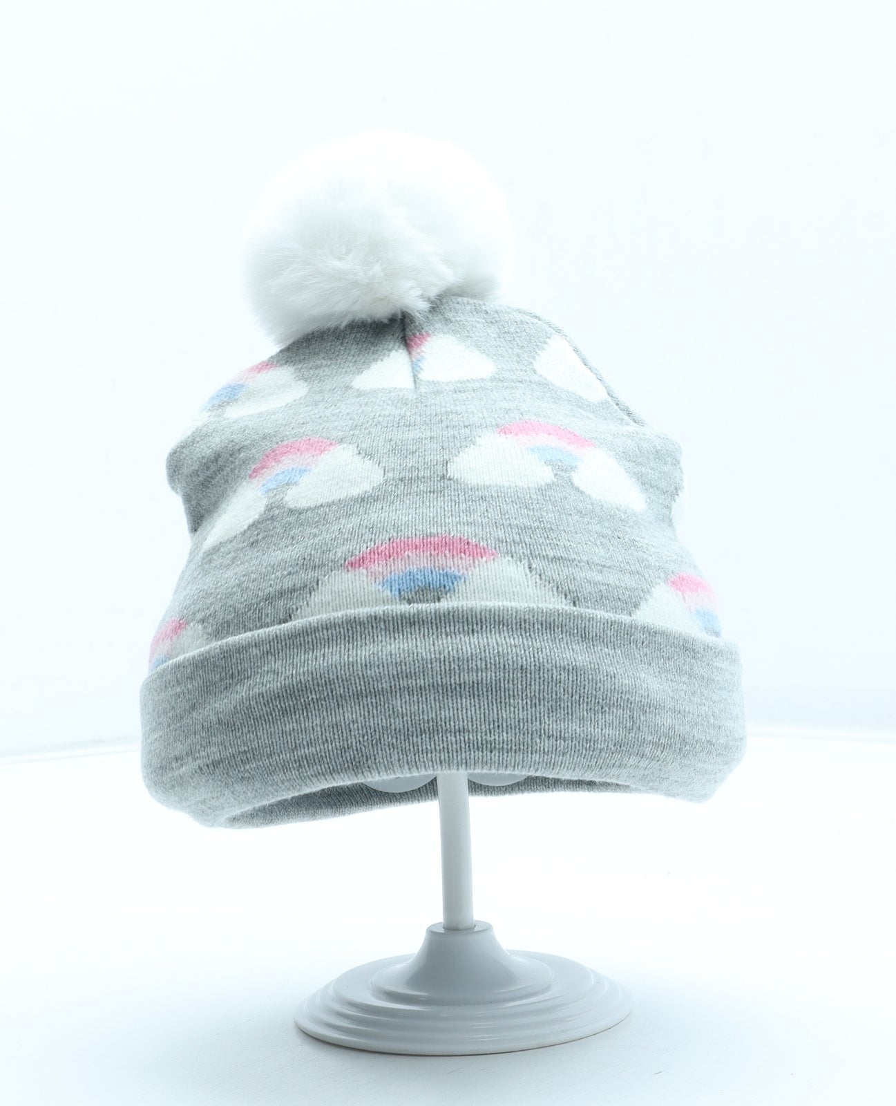 Primark Girls Grey Geometric Acrylic Bobble Hat One Size - Rainbow Pattern Size 12-24 Months