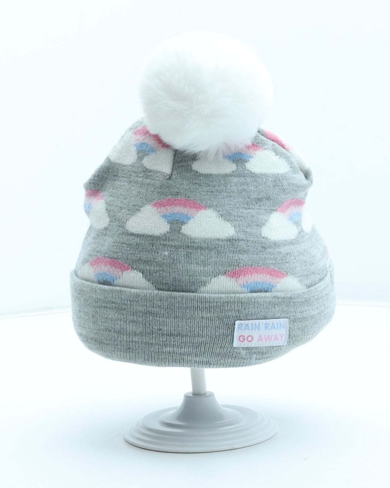Primark Girls Grey Geometric Acrylic Bobble Hat One Size - Rainbow Pattern Size 12-24 Months