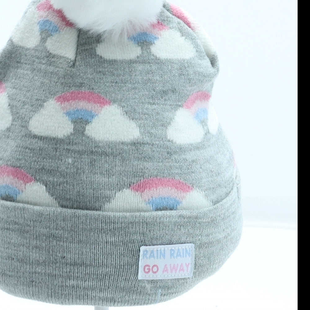 Primark Girls Grey Geometric Acrylic Bobble Hat One Size - Rainbow Pattern Size 12-24 Months