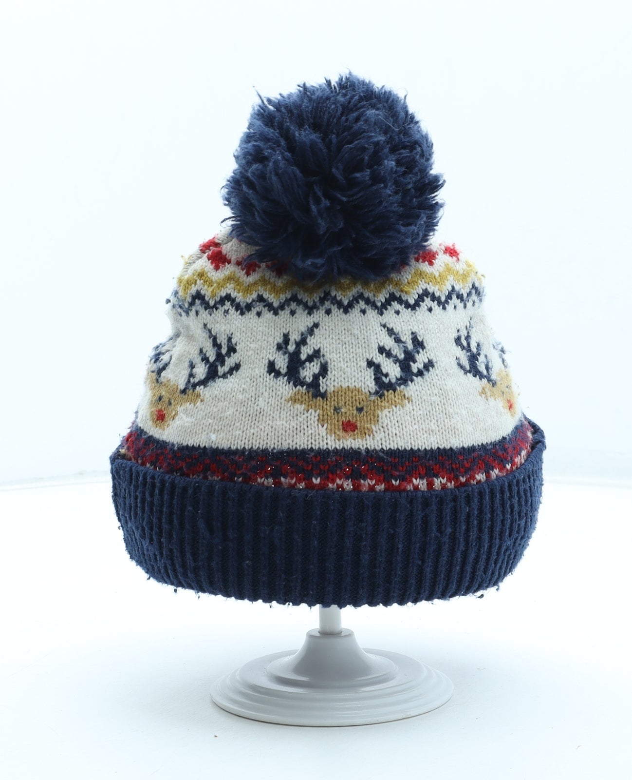 F&F Boys Multicoloured Fair Isle Acrylic Bobble Hat Size S - Reindeer Pattern Size 7-10 Years
