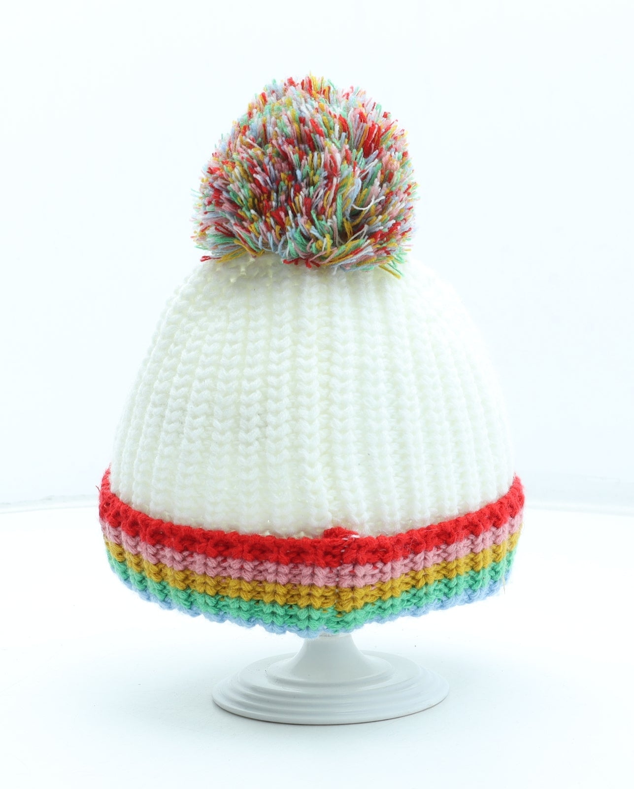 George Girls White Colourblock Acrylic Bobble Hat Size S - Size 1-3 years