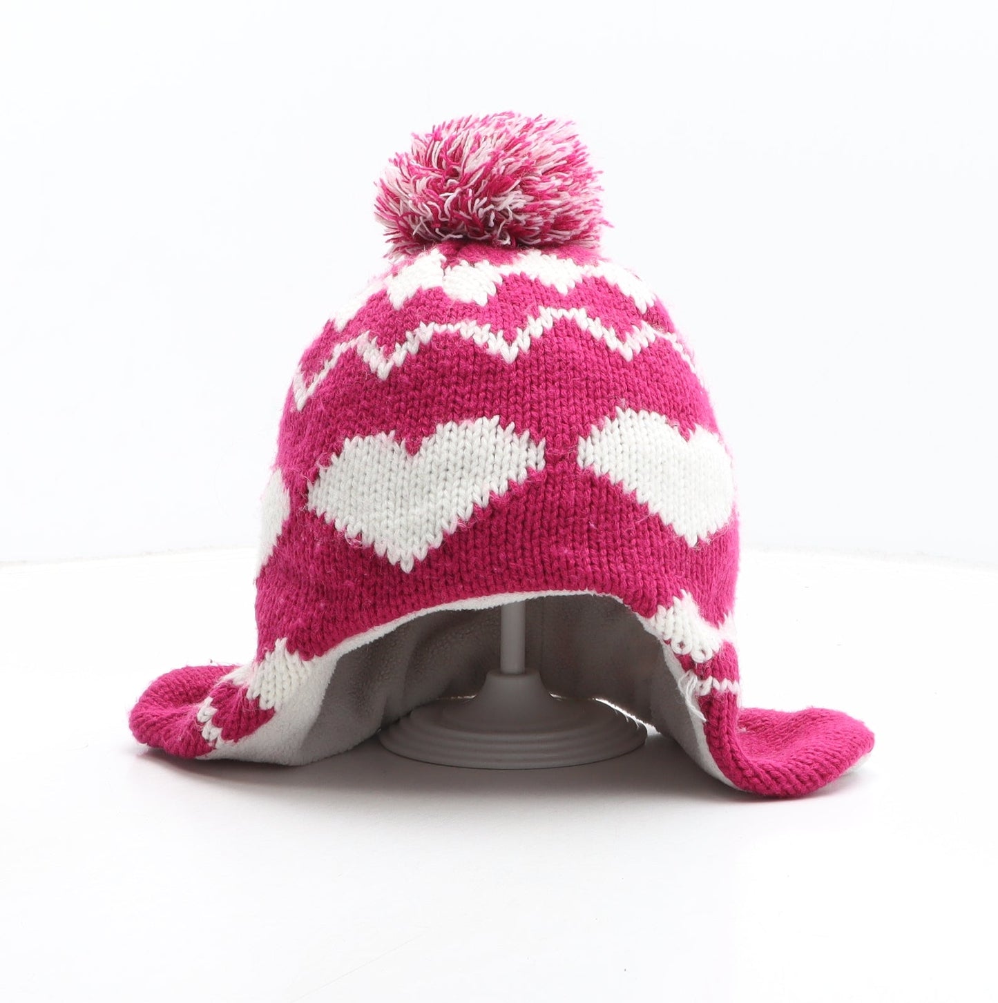 George Girls Pink Geometric Acrylic Winter Hat One Size - Heart Pattern Size 8-12 Years