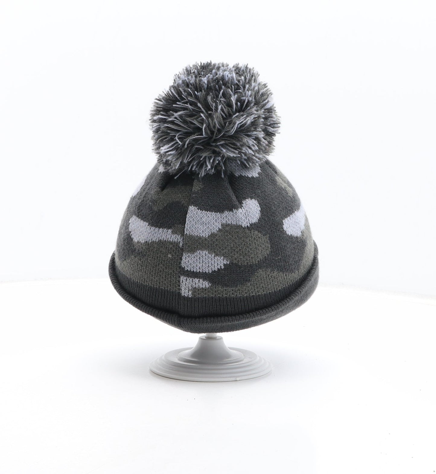 George Boys Grey Camouflage Acrylic Bobble Hat One Size - Size 1-3 years