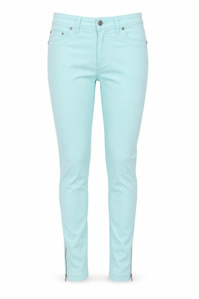 Front view of Heart & soul women’s green denim skinny jeans, size UK 10, 27-inch leg