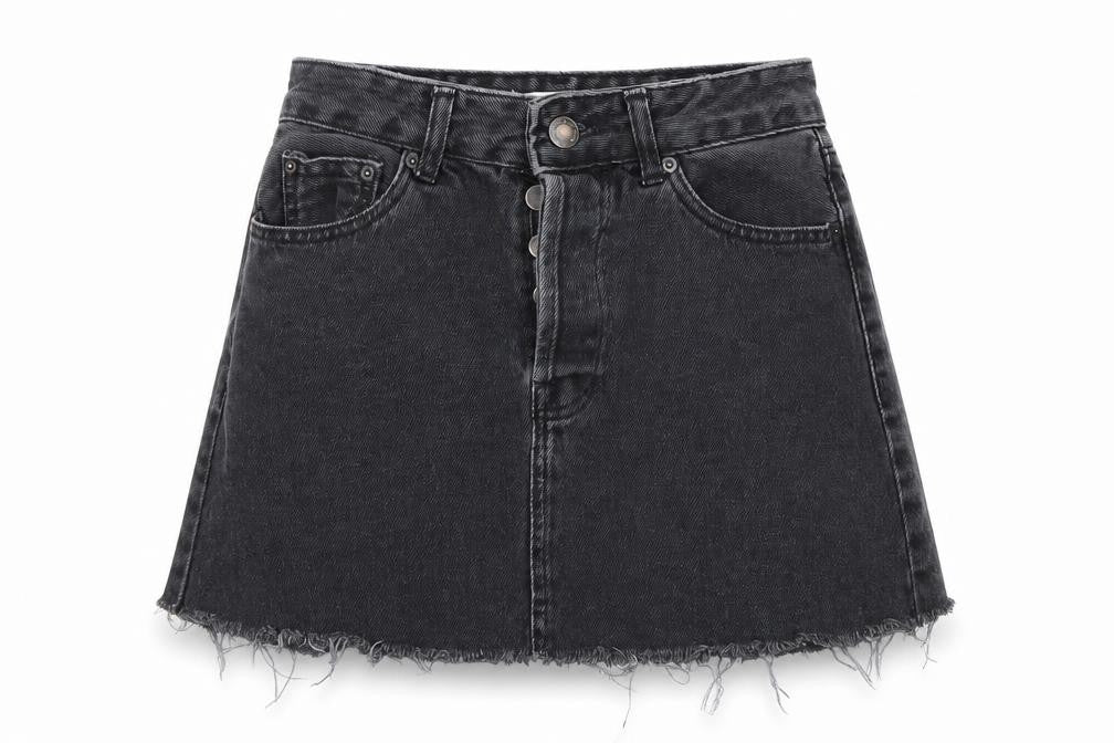 Front view of Bershka women’s grey denim mini skirt, size UK 8