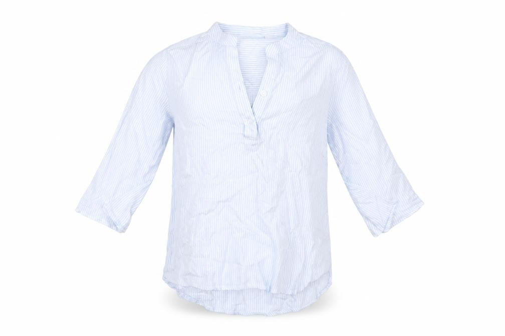 Front view of H&M girls’ blue striped tunic button-up, size 9, years