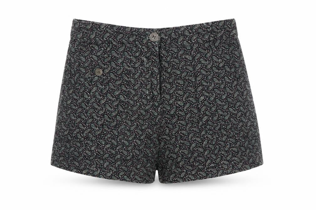 Front view of Lucca Couture women’s black paisley hot pants shorts, size S